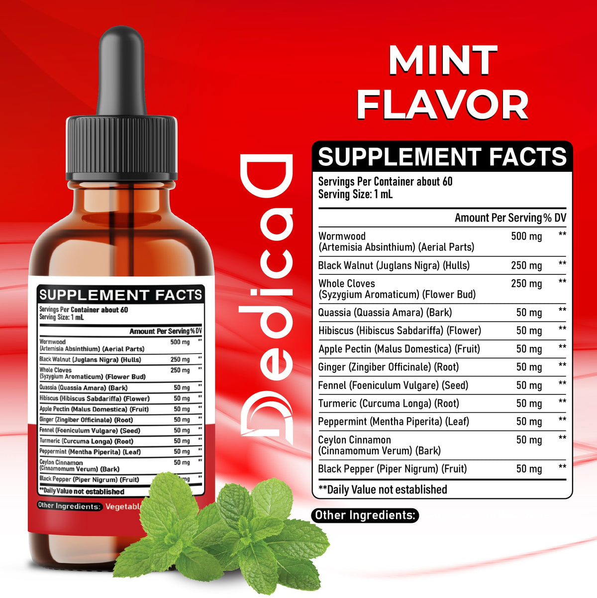 DEDICAD 12in1 Wormwood Liquid Drops Added Black Walnut, Whole Cloves and 9 More Herbs - 2 Fl Oz - 60 Days Supply - Mint Flavor DEDICAD buy supplements Au