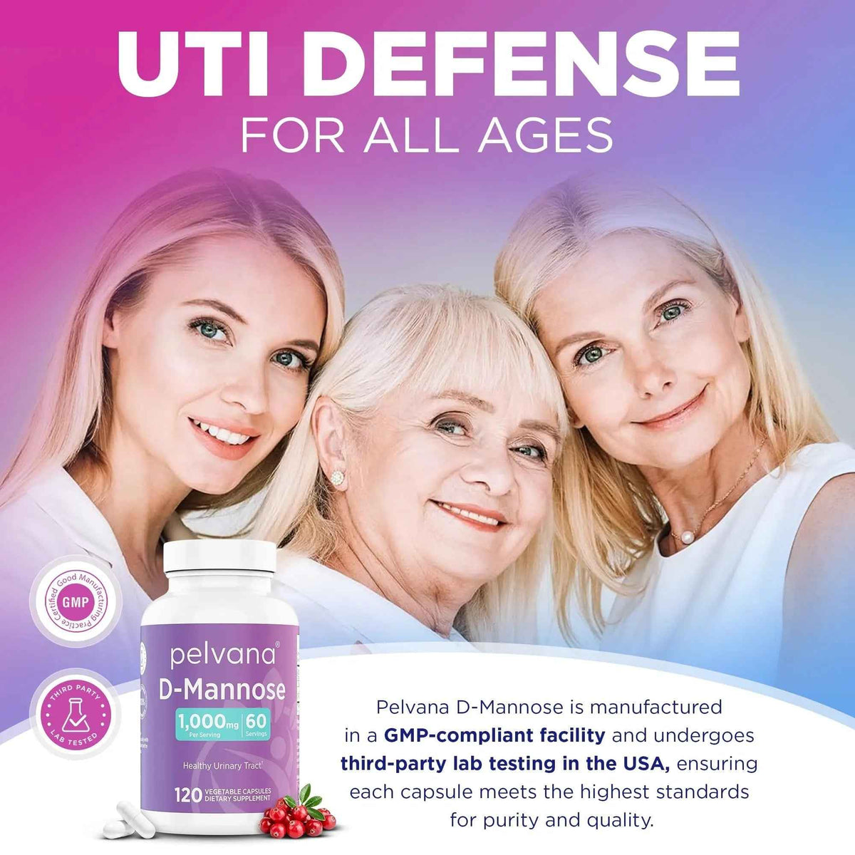 Pelvana D-Mannose 120 Capsules (500mg Each) – 1000mg per Serving – Assists & Maintains Healthy Urinary Tract, Flushes Impurities, Pure Ingredients, Gluten-Free – Third-Party Lab Tested, Made in USA