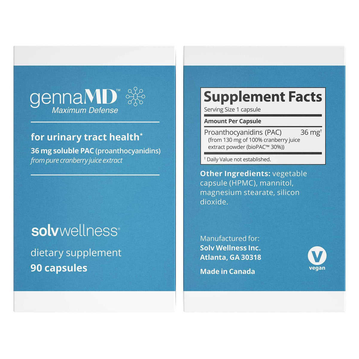 Solv Wellness GennaMD - Maximum UTI Defense - 36 mg Soluble PAC from 100% Cranberry Juice Extract - Highest PAC Concentration in a Small, Easy-to-Swallow Capsule - 90 Capsules
