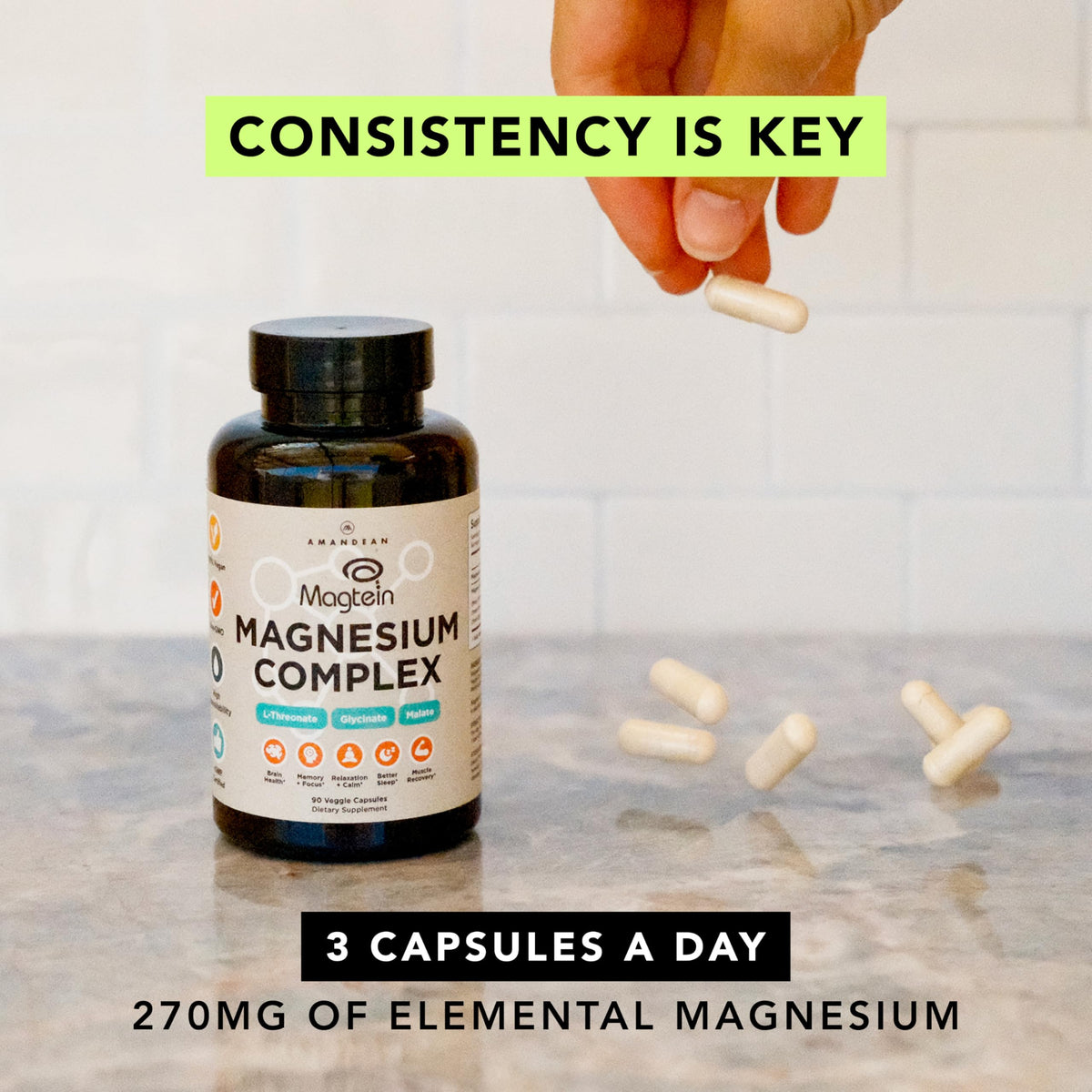 AMANDEAN Magtein Magnesium Complex. L-Threonate, Glycinate, Malate Triple Blend Chelated Magnesium Supplement. 90 Veggie Capsules. High Absorption Branded Ingredients. Brain Health, Sleep, Calm*. AMANDEAN buy supplements Au