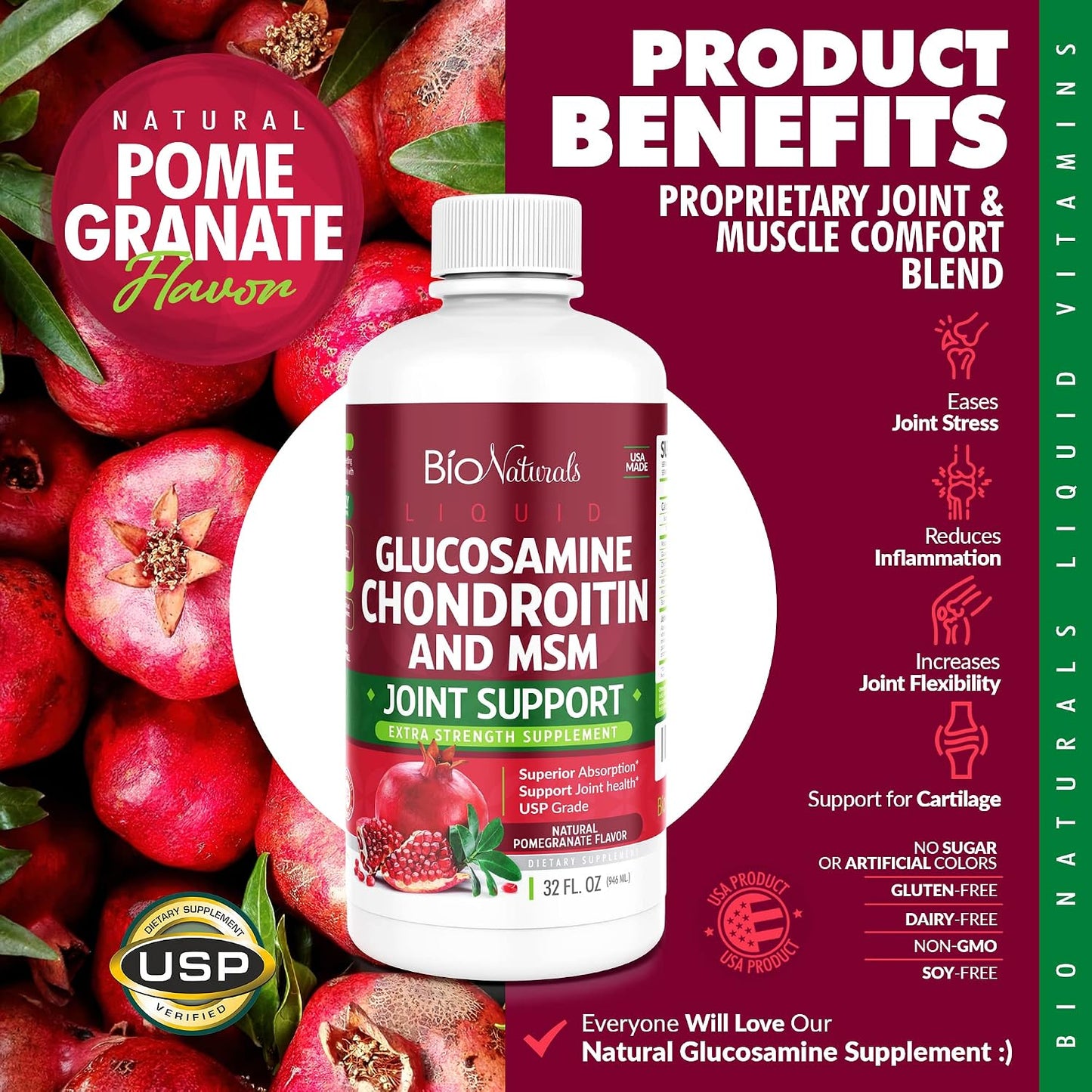 Liquid Glucosamine Chondroitin MSM Pharmaceutical Grade Supplement with Hyaluronic Acid – Maximum Strength Joint Support - 32 fl oz