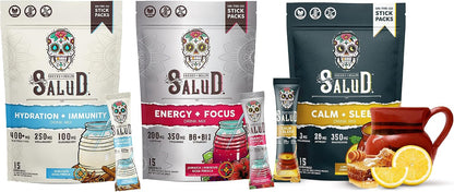 Salud Variety 3-Pack | 2-in-1 Hydration + Immunity (Horchata), Energy + Focus (Hibiscus) & Calm + Sleep (Lemon Honey) – 15 Servings Each, Non-GMO, Gluten Free, Low Calorie, 1g of Sugar