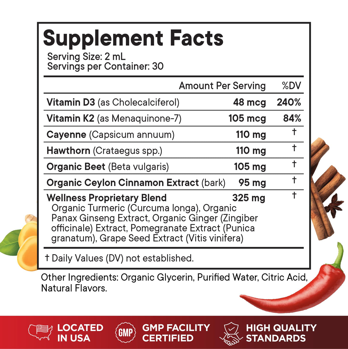 Cayenne Pepper Supplement Liquid Drops + Hawthorn Berry, Vitamin D3 K2 Beet Root Powder, Ceylon Cinnamon, Turmeric Curcumin, Organic Panax Ginseng - 4 OZ