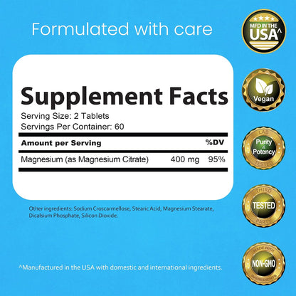 NaturaLife Labs Magnesium Citrate 400 mg per Serving – 120 Tablets, Vegan, Non-GMO