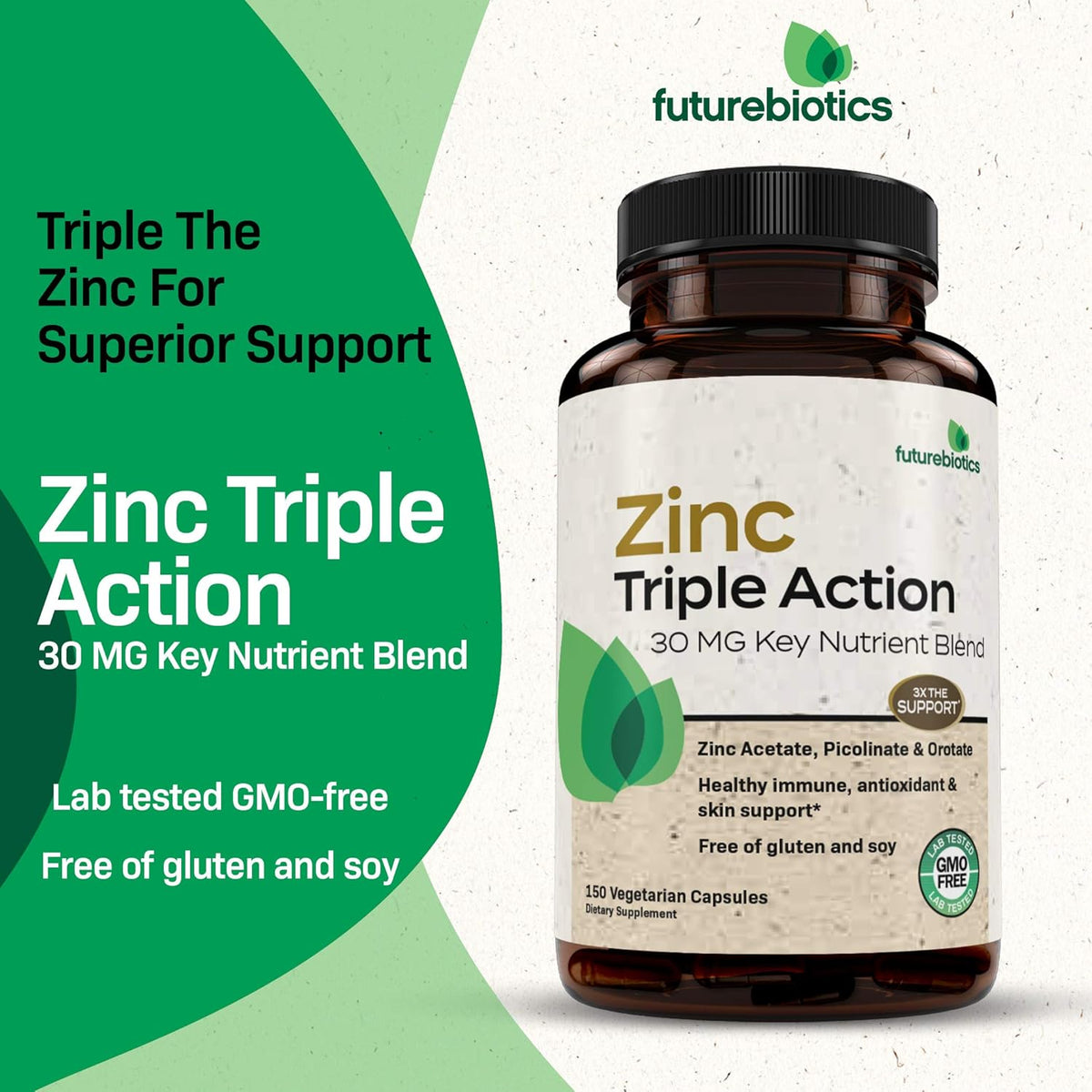 Futurebiotics Zinc Triple Action 30mg Key Nutrient Blend Immune Support Supplement with Zinc Acetate, Picolinate & Orotate - Immune, Antioxidant & Skin Health Support - 150 Vegetarian Capsules