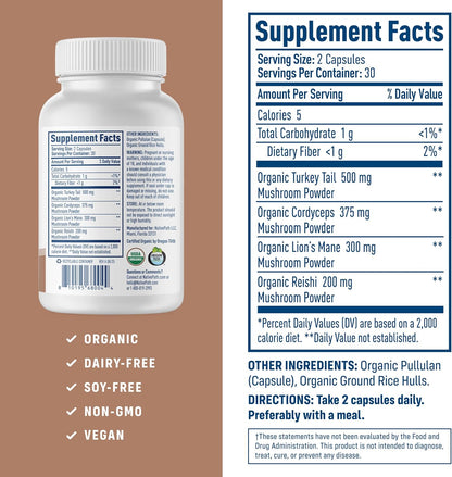 NativePath Mushroom Complex, Organic, Lion's Mane & Cordyceps, 60 Count | Turkey Tail, Reishi & Beta-Glucans, Supports Immune, Focus & Energy, Vegan, Nootropic Blend