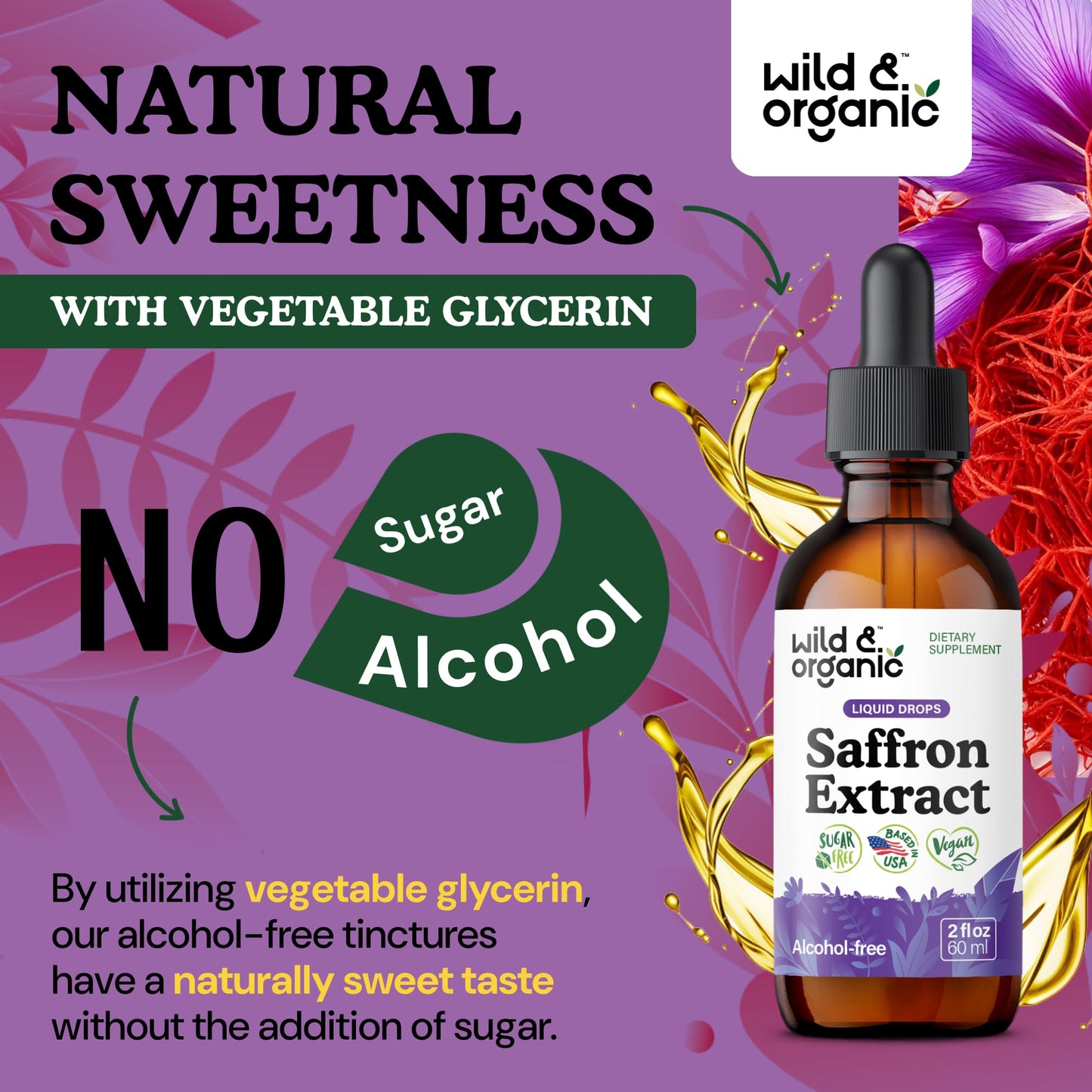 Wild & Organic Saffron Supplements 88.5 mg - Mood, Brain & Vision Support - Liquid Saffron Drops - Add to Tea - Crocus Sativus Herb Extract - Vegan, Sugar & Alcohol-Free Tincture - 2 fl oz