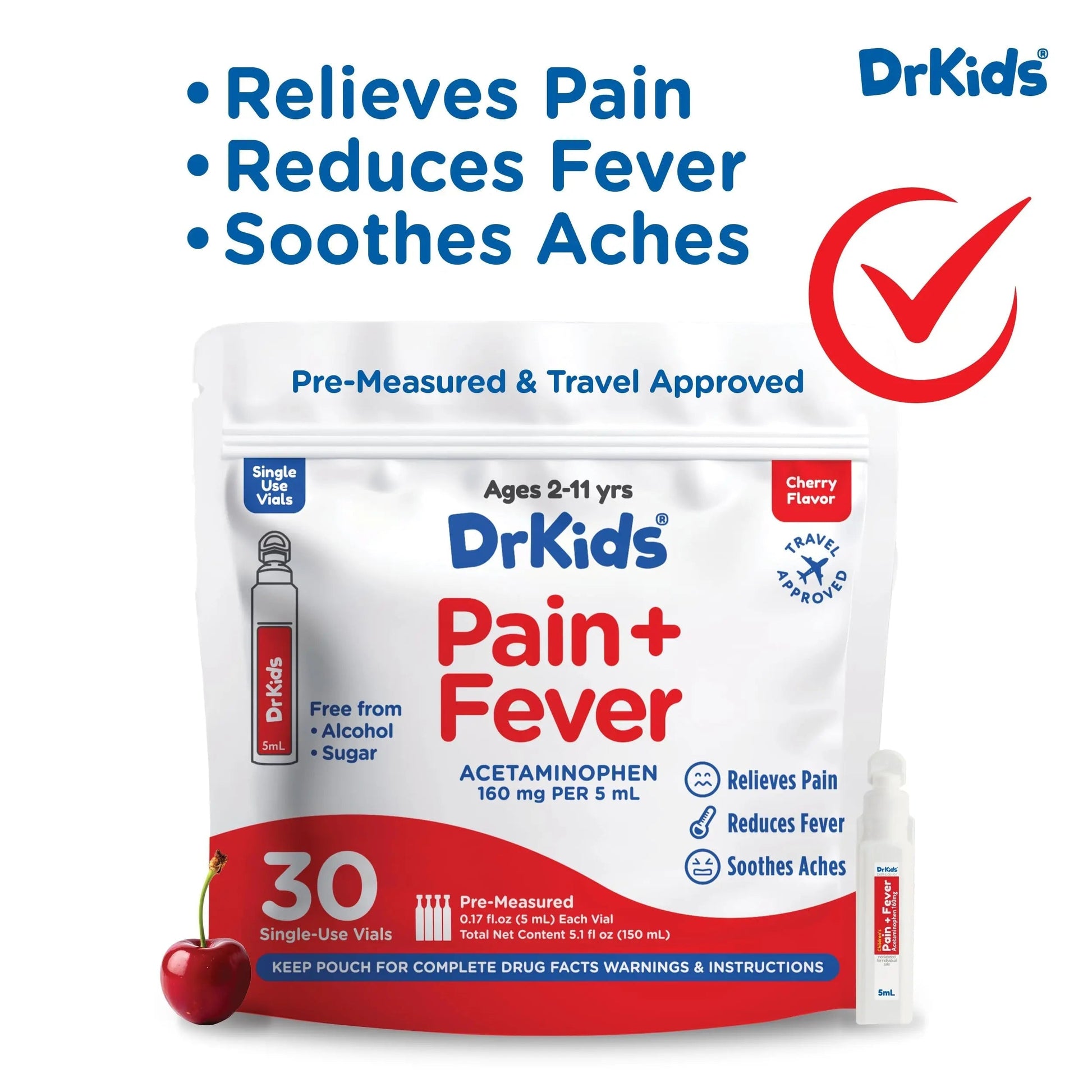 Dr. Kids Children’s Pain and Fever Medicine - Acetaminophen for Kids Ages 2-11, Pre-Measured Single-Use Vials for Headache, Sore Throat, Cold and Flu, Cherry Flavor, 30 Count Dr. KidsBuy Supplements Australia