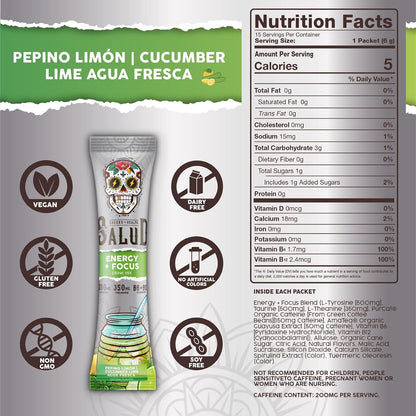 Salud 2-Pack |2-in-1 Energy + Focus (Cucumber Lime) & Hydration + Immunity (Hibiscus) – 15 Servings Each, Agua Fresca Drink Mix, Non-GMO, Gluten Free, Vegan, Low Calorie, 1g of Sugar