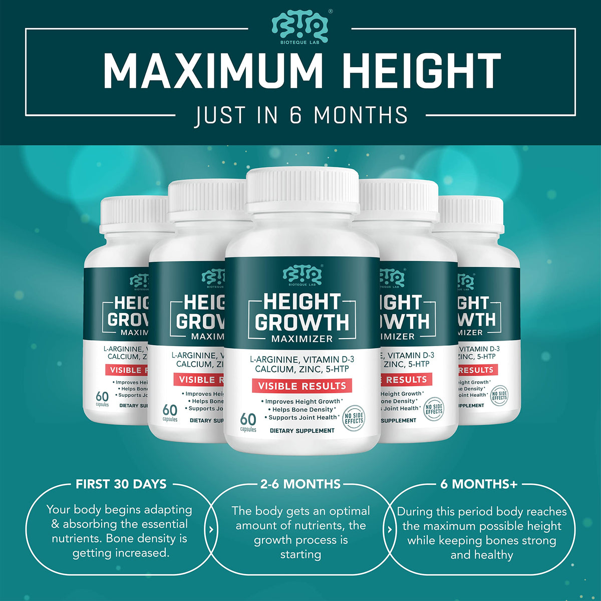 BIOTEQUELAB Height Growth Maximizer, Calcium, Vitamin D3 and Zinc Blend Pills, Bone Growth Supplement for Kids and Teens, Bone Strength, Density Support, GMO-Free, Gluten-Free, Made in USA, 60 Caps BTQ BIOTEQUE LABBuy Supplements Australia