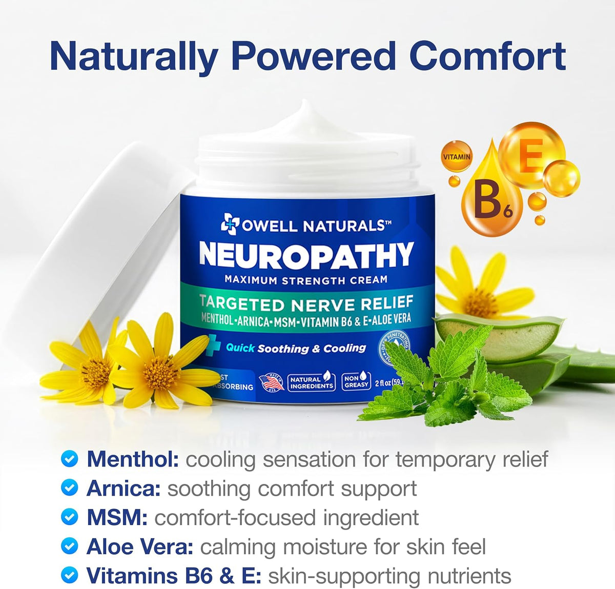 Supplement Product​Owell Naturals Neuropathy Cream Extra Strength – Fast Absorbing Cooling for Leg, Feet & Hands – Advanced Soothing Formula with Aloe Vera, Arnica, MSM & Vitamin B6 – Made in USA, 2 fl oz - GlowUpCaUSA