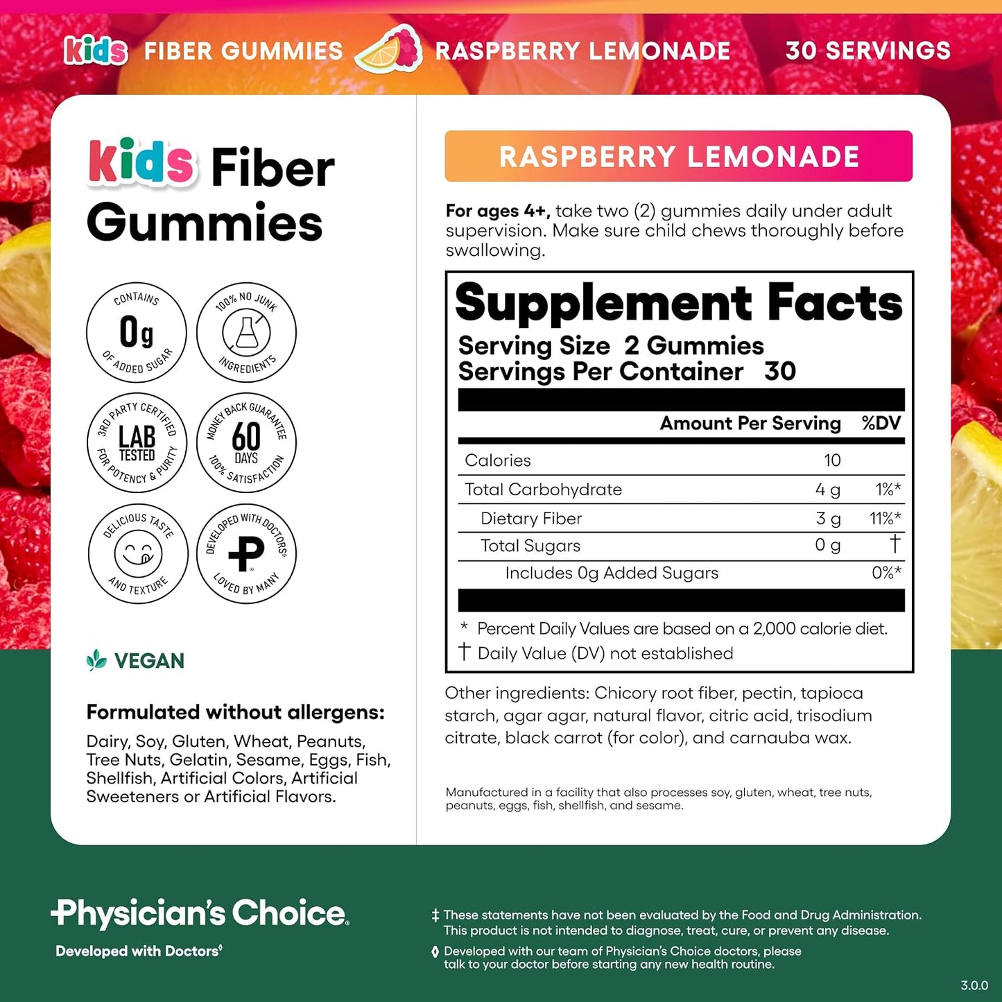 Physician's Choice Fiber Gummies for Kids - Supports Regularity, Occasional Constipation & Digestive Health - Sugar Free, Vegan, No Artificial Flavors - 3g Prebiotic Fiber - Raspberry Lemonade - 60 CT