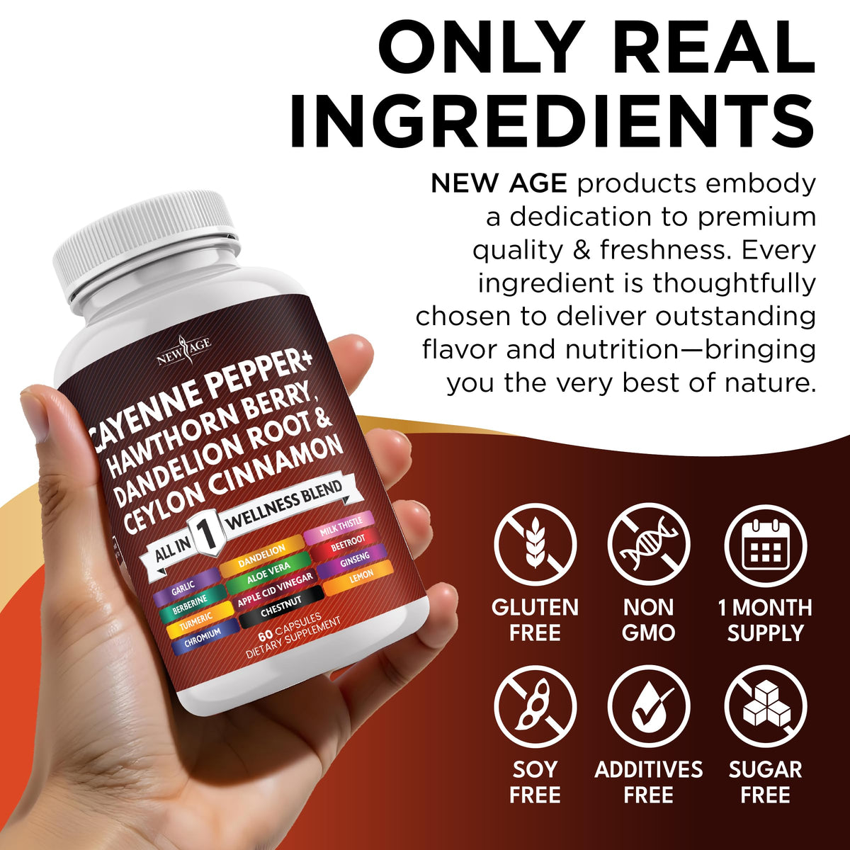 NEW AGE Cayenne Pepper Capsules Supplement with Hawthorn Berry, Dandelion Root, Ceylon Cinnamon, Garlic, Ginger, ACV, Milk Thistle, Beet Root, Aloe Vera - 120 Count NEW AGE buy supplements Au