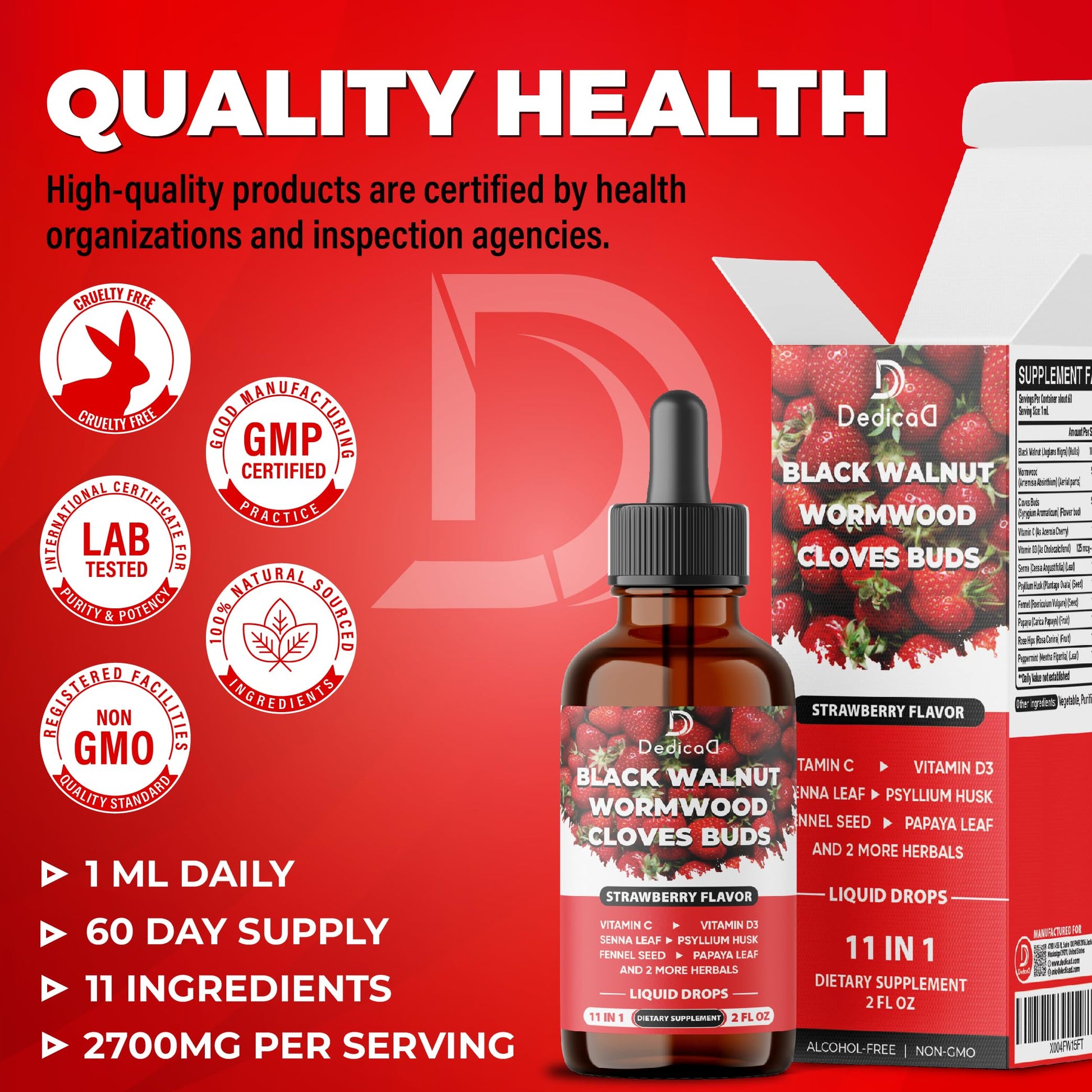 DEDICAD 11in1 Black Walnut Wormwood Cloves Liquid Drops with Cloves Buds, Senna Leaf, Psyllium Husk, Fennel Seed, Papaya Leaf and More - 2 oz Fl - 60 Days - Strawberry Flavor DEDICAD buy supplements Au