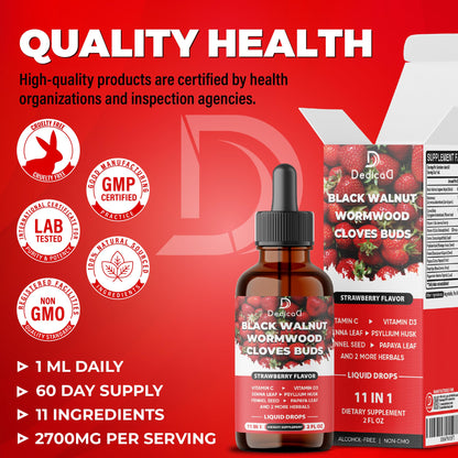 DEDICAD 11in1 Black Walnut Wormwood Cloves Liquid Drops with Cloves Buds, Senna Leaf, Psyllium Husk, Fennel Seed, Papaya Leaf and More - 2 oz Fl - 60 Days - Strawberry Flavor DEDICAD buy supplements Au