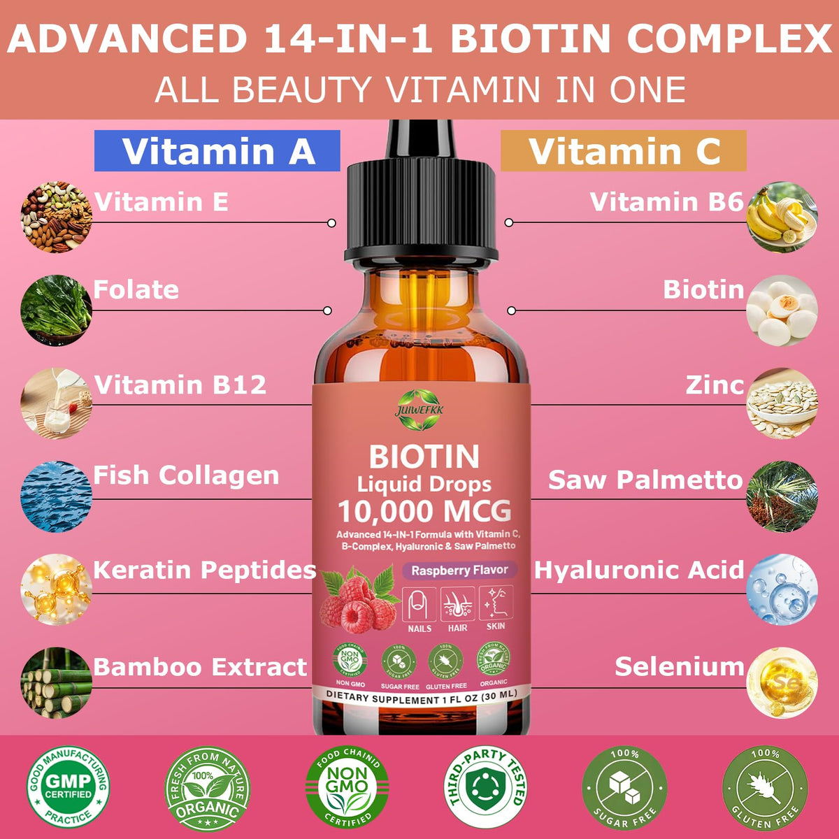 Pure Biotin 10000mcg Liquid Drop Optimal Solutions Hair Skin & Nails Vitamins Support w. Collagen Keratin Hyaluronic Acid Saw Palmetto, Biotin(Vitamin B7) for Hair Growth & Cellular Energy JUIWEFKKBuy Supplements Australia