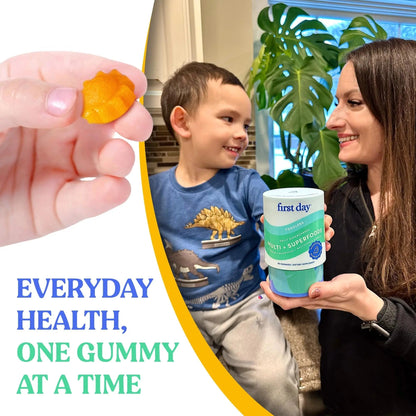 FIRST DAY Toddler Multivitamin Gummies (Ages 2-3)| Kids Multivitamin Gummies with Vitamins A C D3, B2, B12, Choline, Folate and 21 Organic Superfoods| (30 Day Supply) FIRST DAY