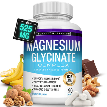 Magnesium Glycinate 525mg - High Absorption Chelated Magnesium Supplement Made with Pure Magnesium Glycinate - Supports Muscles, Sleep, Cramps, Recovery Bisglycinate