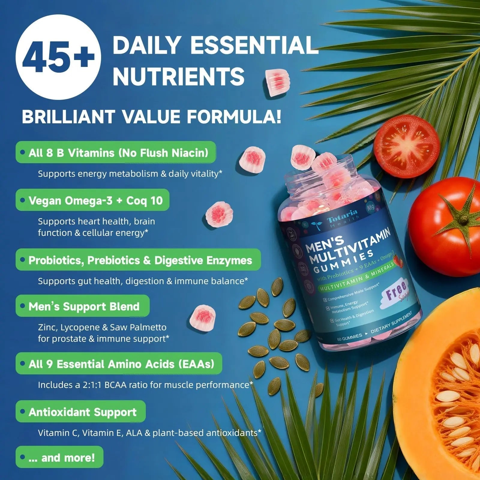 Totaria Sugar Free Multivitamin for Men with Omega 3, Probiotics, Mens Multivitamins Gummies w/Methylated B Complex Totaria