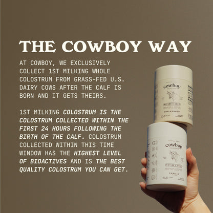 Cowboy - The Exclusive 1st Milking, Whole, Grass Fed Colostrum Supplement for Full Body Health - Sugar Free Bovine Colostrum Powder Packed with Bioactive(Vanilla & Chocolate) Nutrients COWBOY COLOSTRUM buy supplements Au