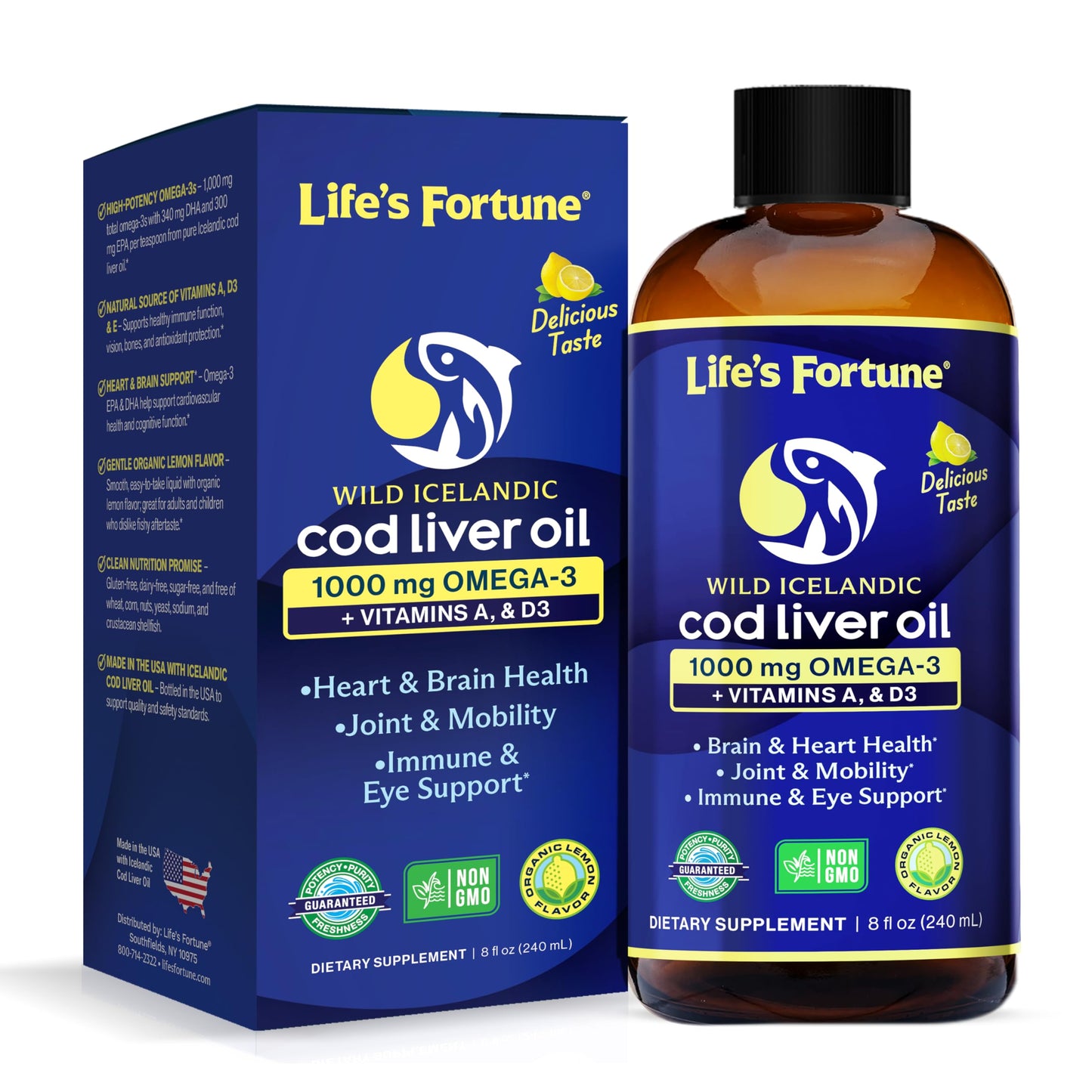 Life's Fortune Cod Liver Oil Liquid Lemon Flavor Organic Supplement with DHA, EPA 1000 mg High Potency Omega-3s + Vitamin A, E & D3 - Supports Immune, Joints, Eyes, 16 Fl Oz (Pack of 1)