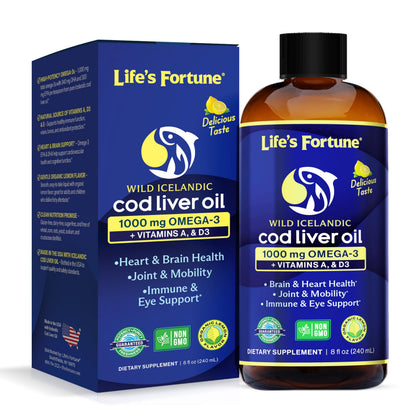 Life's Fortune Cod Liver Oil Liquid Lemon Flavor Organic Supplement with DHA, EPA 1000 mg High Potency Omega-3s + Vitamin A, E & D3 - Supports Immune, Joints, Eyes, 16 Fl Oz (Pack of 1)