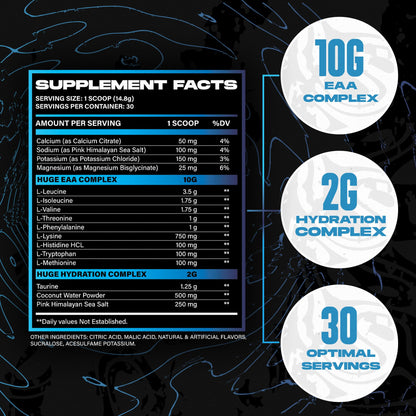 Huge EAA + Hydration, Essential Amino Acids Powder, EAAs & BCAAs, Intra & Post Workout Recovery Powder, Muscle Growth, Recovery & Performance, 10g EAAs & Electrolytes, Kiwi Blueberry, 30 Servings