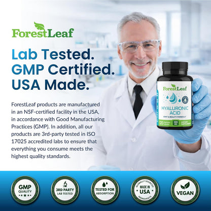 ForestLeaf Hyaluronic Acid Supplements | 100mg High Bioavailable Dietary Hyaluronic Acid Powder Capsules + 50mg VIT C | Supports Skin Hydration, Joint Lubrication, Anti-Aging, Hair & Nails | 120 Caps