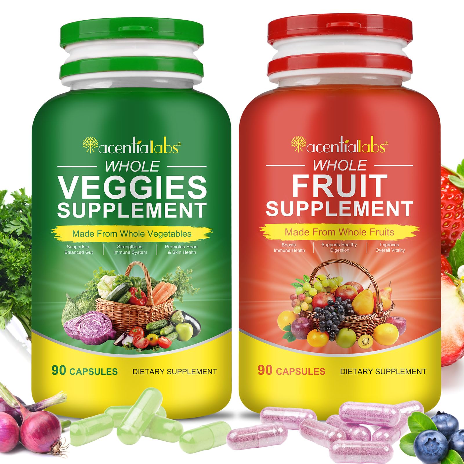 Two dietary supplement bottles labeled 'Whole Veggies' and 'Whole Fruit' with colorful labels and caps.