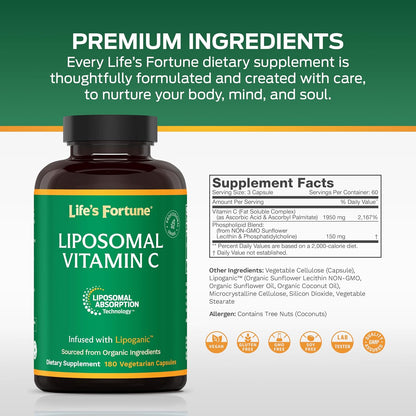 Life's Fortune Liposomal Vitamin C 2100 mg, Fast Acting Absorption, Higher Bioavailability Supporting Immune System, High Antioxidant Supplement Formula – Collagen Booster – 180 Capsules