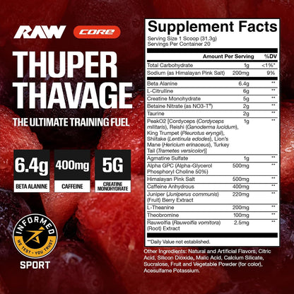 RAW Thuper Thavage Pre Workout Powder - High-Stim Preworkout with Creatine, Beta Alanine, L-Citrulline & Caffeine - Chris Bumstead Gym & Fitness Supplement for Men & Women - Watermelon Grape