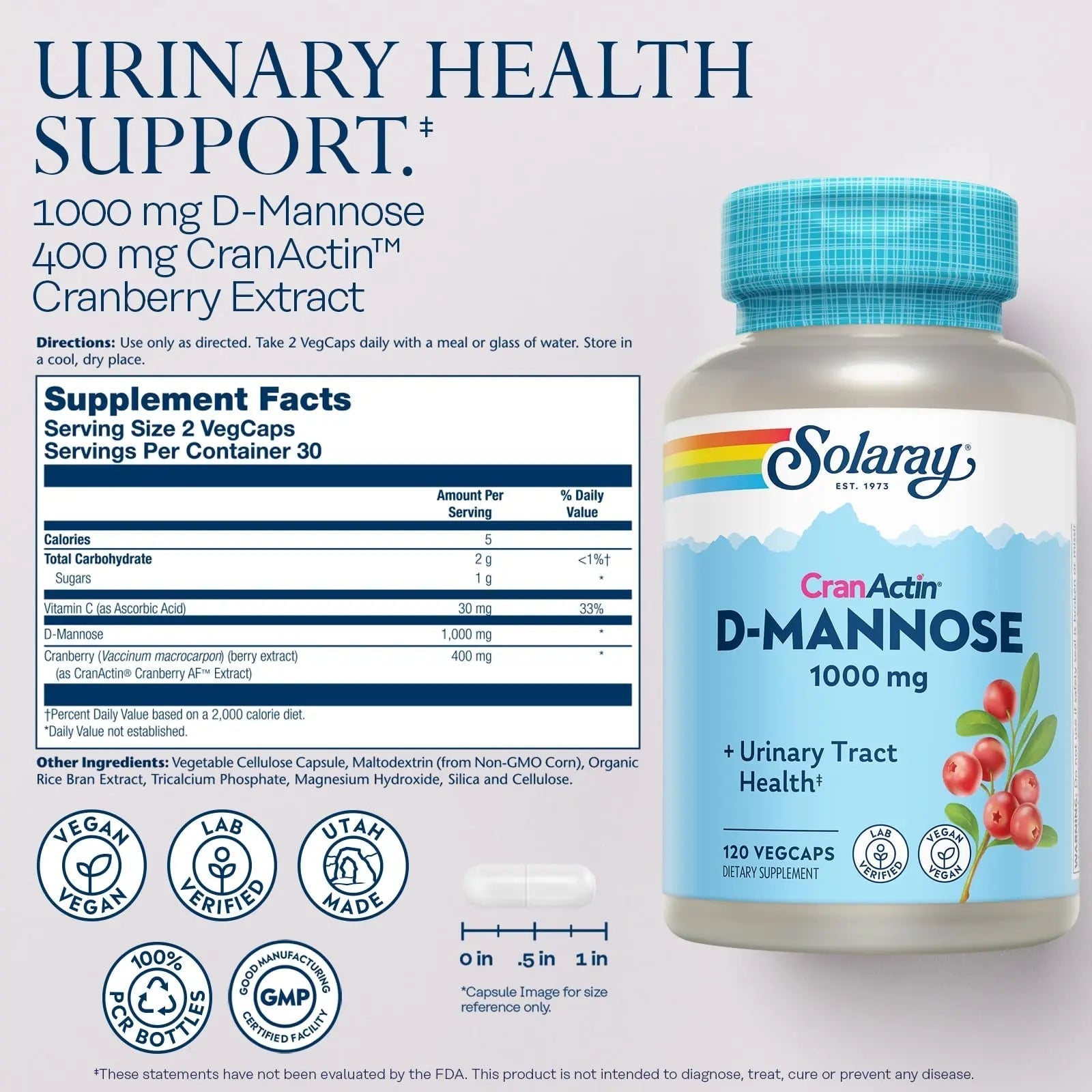 SOLARAY D-Mannose 1000mg with CranActin Cranberry Supplement 400mg, Urinary Tract Health & Bladder Support Capsules with Vitamin C, Vegan, 60 Day Guarantee, 60 Servings, 120 VegCaps (120 CT) SOLARAYBuy Supplements Australia