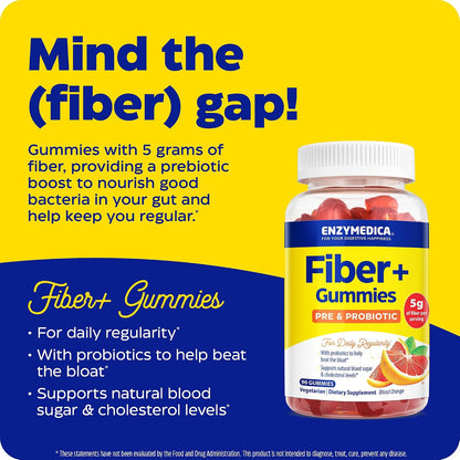 Enzymedica Fiber+ Prebiotic & Probiotic Gummies for Women & Men - 90 Count