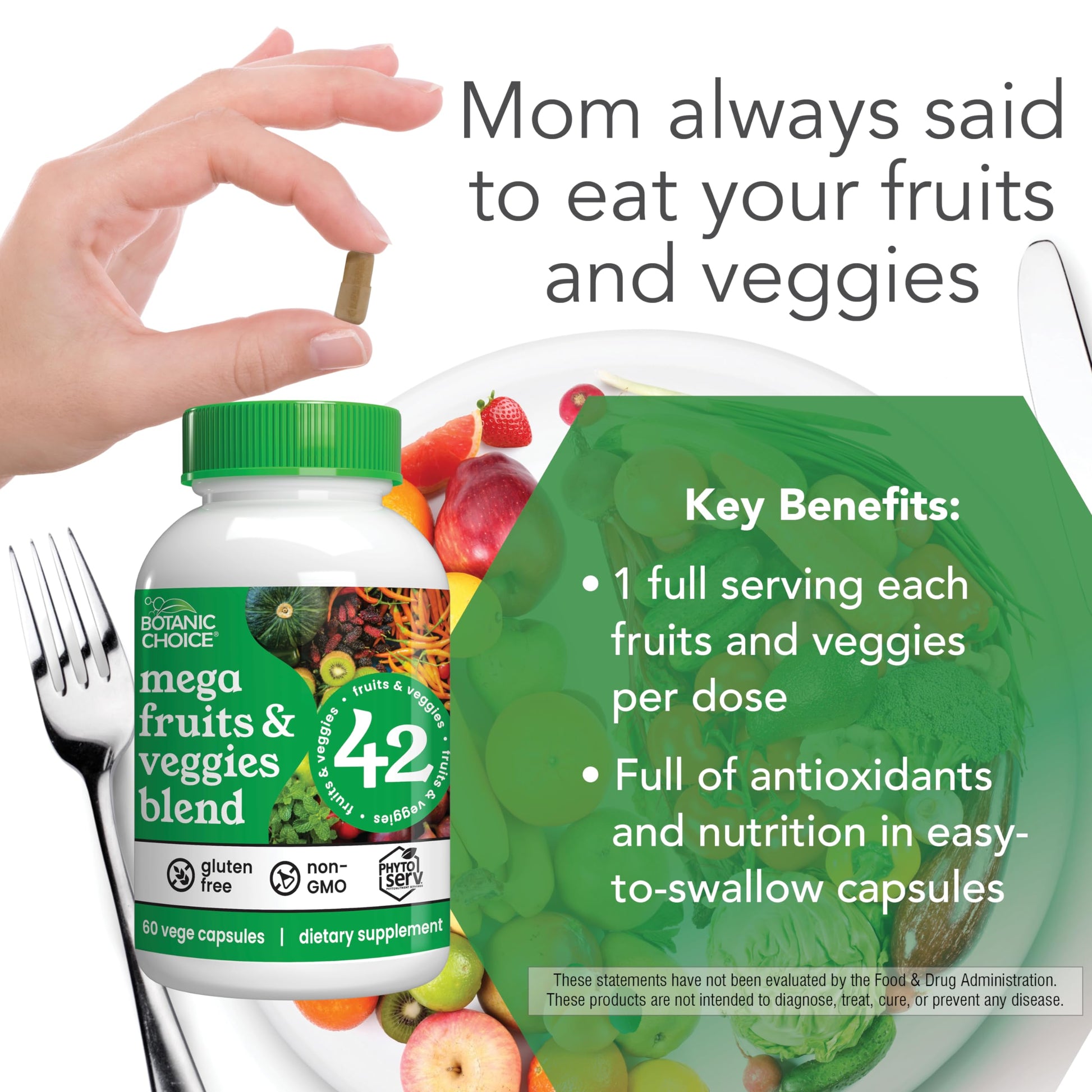 Botanic Choice Since 1910 - Mega Fruits & Veggies Blend - 42 Fruits and Vegetables - 2 Caps Daily - 60 Count Supplement Botanic Choice buy supplements Au