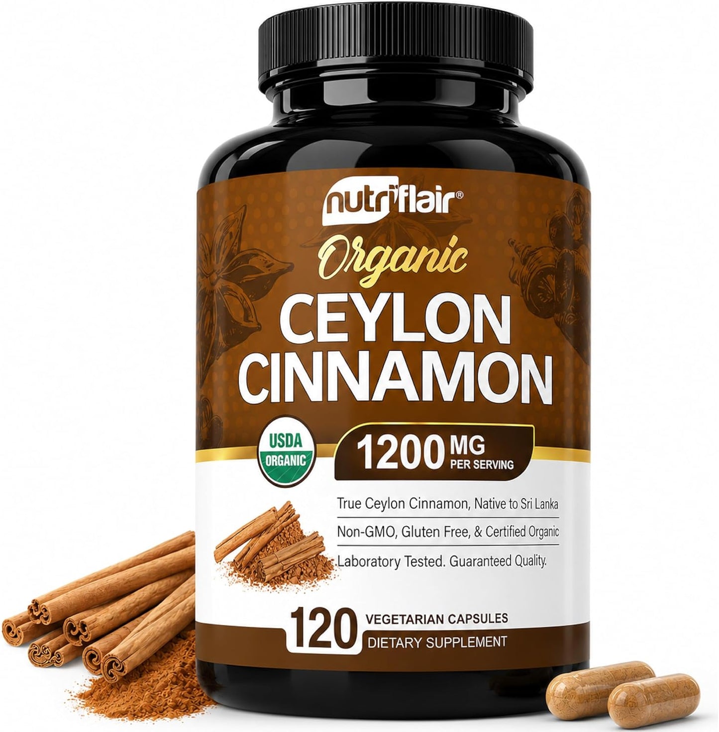 NutriFlair Organic Ceylon Cinnamon Supplement 1200mg, 120 Capsules - USDA Certified - Non-GMO, Gluten Free Powder, Antioxidant Pills