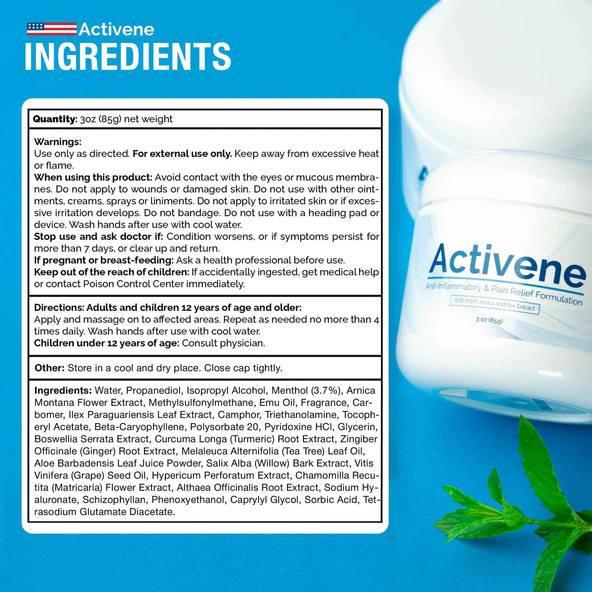 Activene Pain Relief Cream - Anti Inflammatory formulation with Powerful Arnica, Menthol & MSM for Joints, Tendons & Muscles. Chosen by Sufferers of Arthritis, Knee, Shoulder, Neck, Back & Other Pains