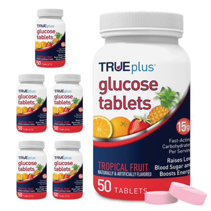 TRUEplus Glucose Tablets, Grape, Raspberry, Orange Flavors, 50 Count | Chewable Tablets, 15g Fast-Acting Carbohydrates, Fat Free, Gluten Free, Boosts Energy, Great Tasting and Easy to Use