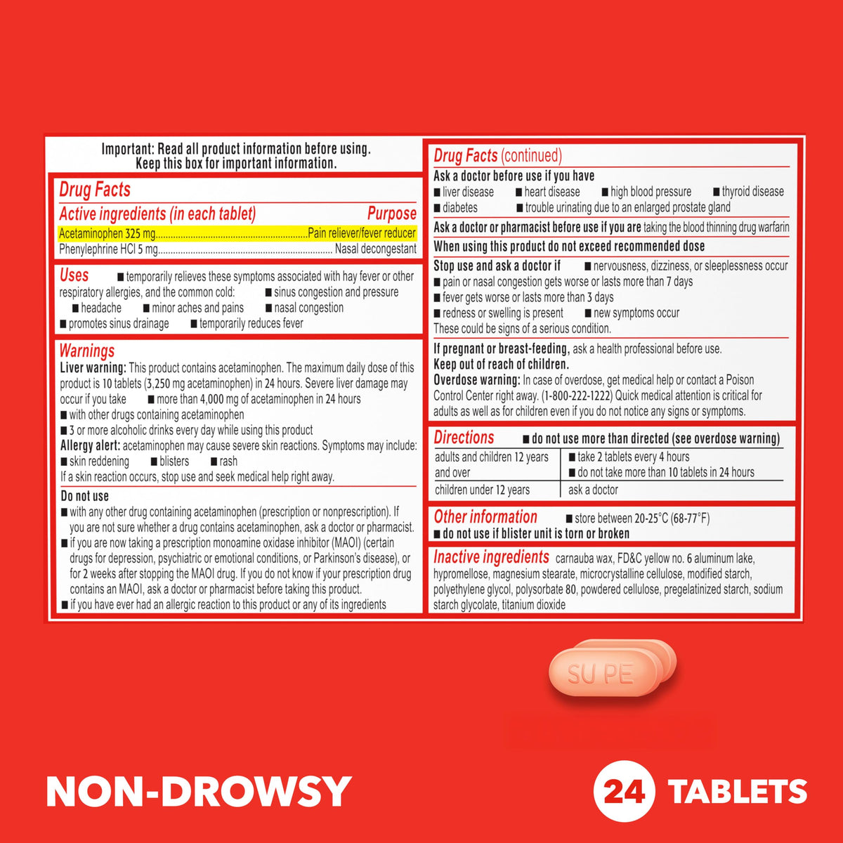 Sudafed PE Sinus Pressure + Pain Relief Tablets, Maximum Strength, Non-Drowsy, OTC Sinus Relief Medicine with Acetaminophen Pain Reliever & Phenylephrine HCl Nasal Decongestant, 24 ct Sudafed buy supplements Au