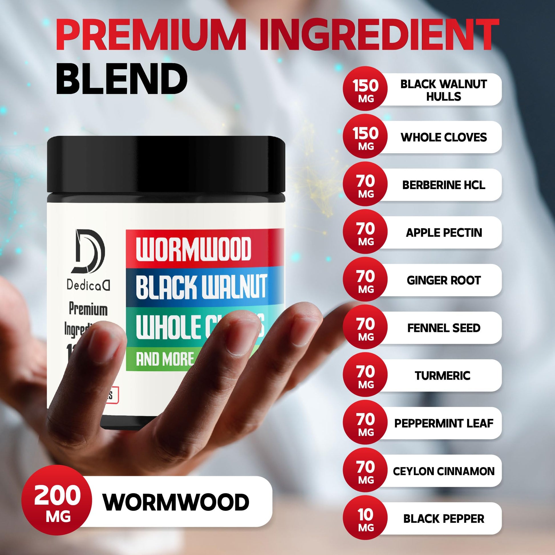 DEDICAD Wormwood Supplement - 120 Capsules Extracted from Black Walnut, Cloves, Turmeric, Apple, Berberine HCl & More - 11 Ingredients Combined for Immune System - 2-Month Supply DEDICAD buy supplements Au