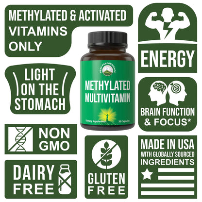 Methylated Multivitamin + Methylated B Complex Supplement. With Trimethylglycine (TMG), L Methylfolate, Methyl B12 + B1 + B2 + B6 Vitamins + Choline Peak Performance