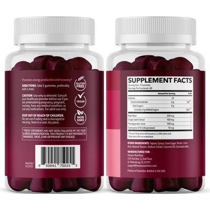 Beet Root Gummies with COQ10 and Grape Seed, Mixed Berry, 30 Servings | Nitric Oxide Supplement with Beetroot, Grape Seed Extract and COQ10 for Performance and Recovery, Vegan, Non-GMO, Gluten-Free