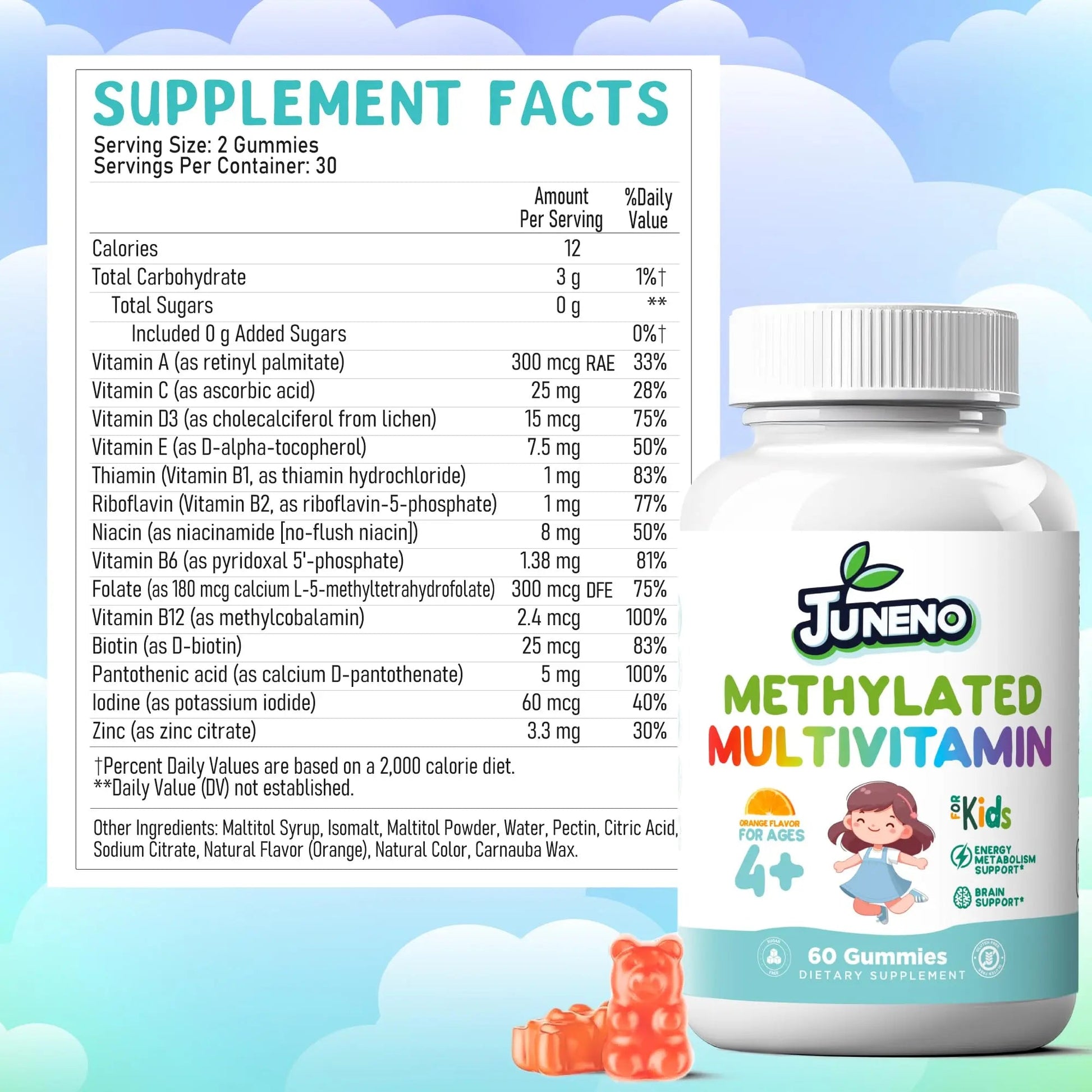 Juneno Methylated Multivitamin Gummies for Kids - MTHFR Support Supplement with B Complex 5-MTHF Folate (L-Methylfolate) Juneno
