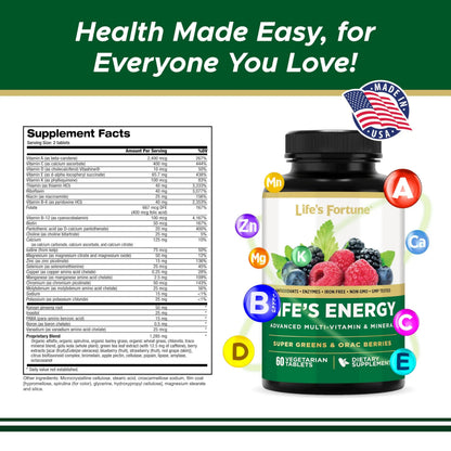 Life's Energy Advanced Daily Multivitamin for Men & Women, Energy and Immune Support Supplement with Super Greens, Antioxidants, Enzymes Life's Fortune