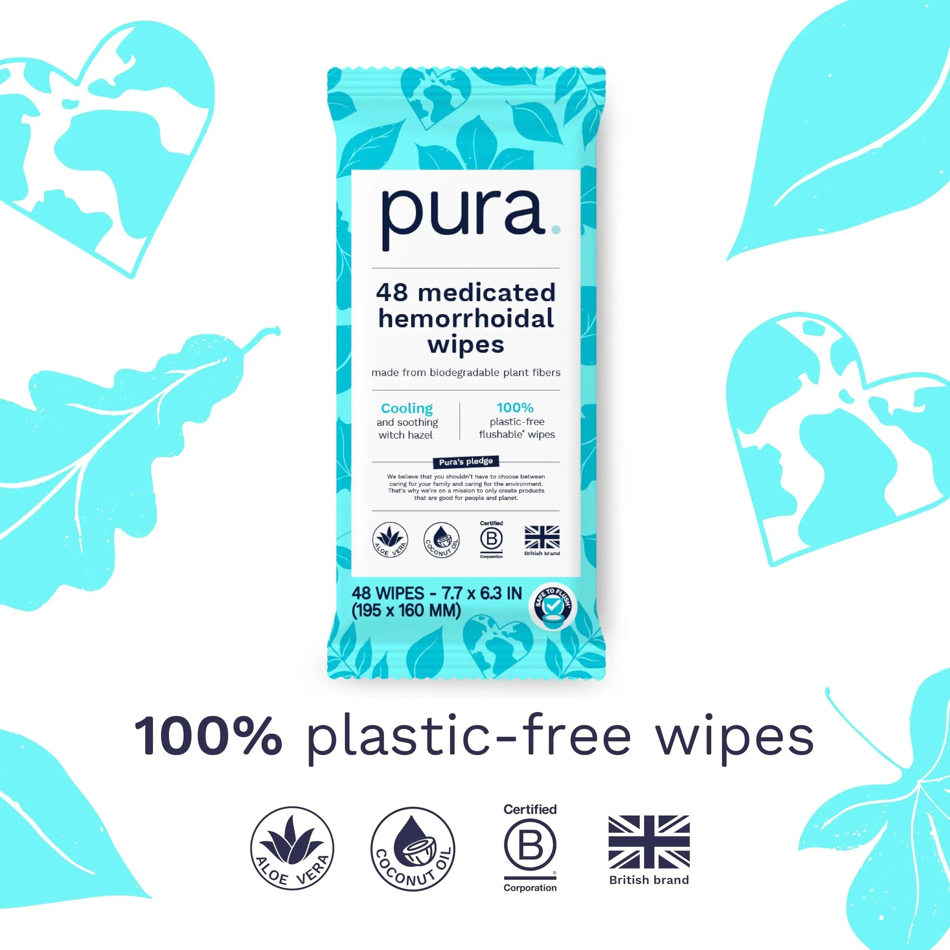 Pura Flushable Hemorrhoid Wipes XL, 48 Count, Medicated with Cooling Witch Hazel, Aloe & Coconut Oil, Fast Relief, Fragrance-Free, 100% Plastic-Free PuraBuy Supplements Australia