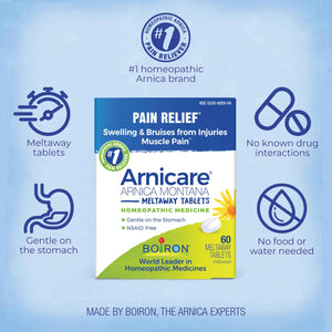Boiron Arnicare Tablets - 100 Count for Pain Relief from Muscle Pain, Joint Soreness, Swelling from Injury or Bruises - Arnica Meltaway Tabs