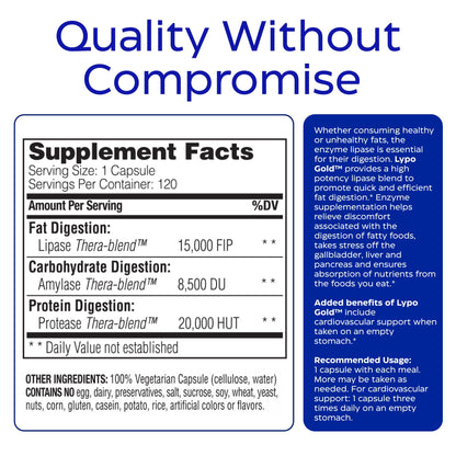 Enzymedica Lypo Gold - Protease, Amylase & Lipase Digestive Enzymes for Women & Men, Enzyme Supplement for Fat Digestion, Gut Health & Gallbladder Support, Helps Gas & Bloating, Gluten Free - 60 Caps