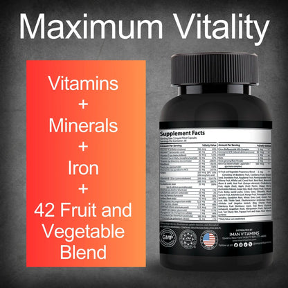 Iman Vitamins Halal Complete Multivitamin Capsules for Adults Men & Women | 42 Fruit & Vegetable Blend Iman Vitamins