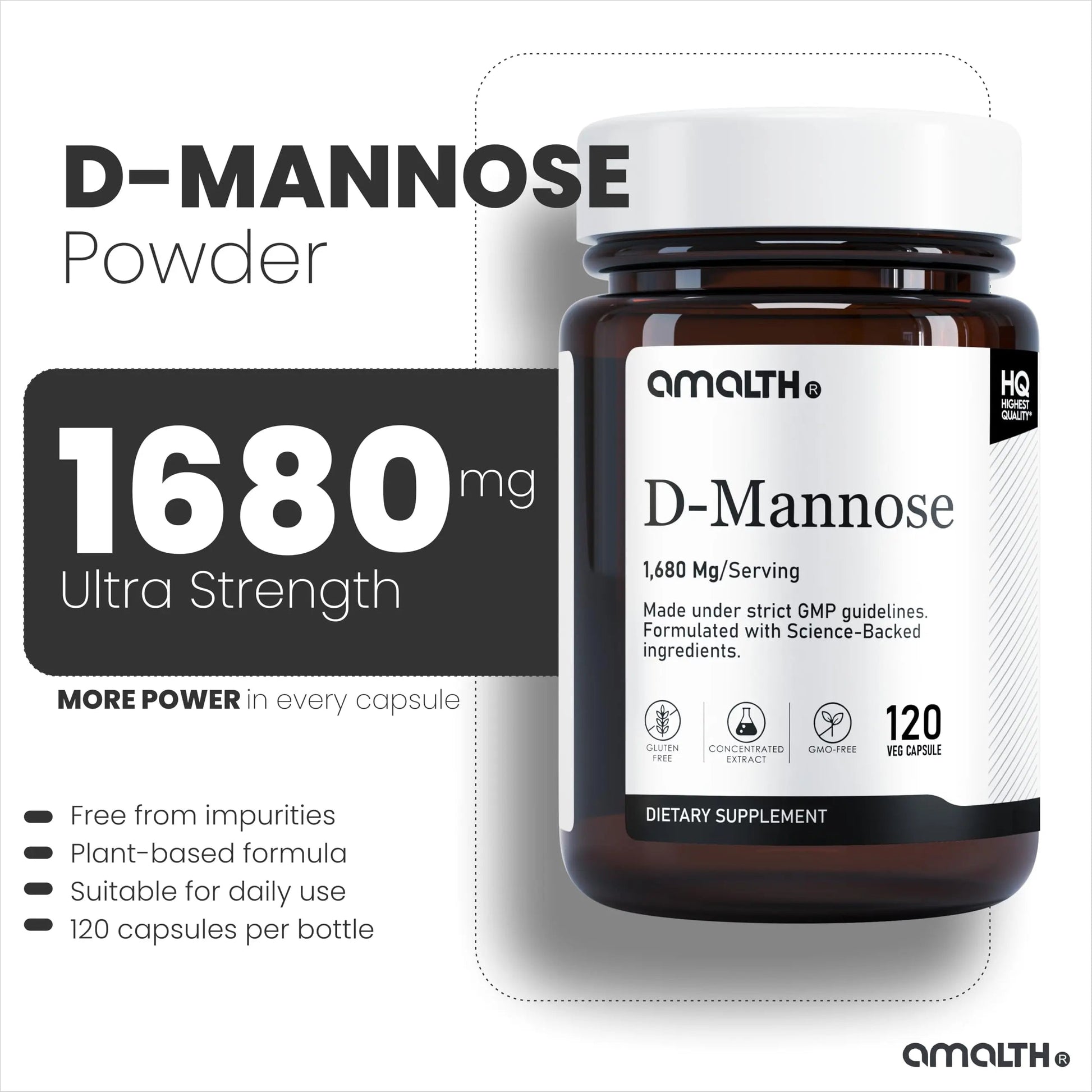 AMALTH D-Mannose Capsules 1680 mg per Serving, 120 Vegan Capsules, Pure Single Ingredient Mannose Supplement, Urinary Tract Support, UTI Wellness Support, Non GMO, Gluten Free AMALTHBuy Supplements Australia