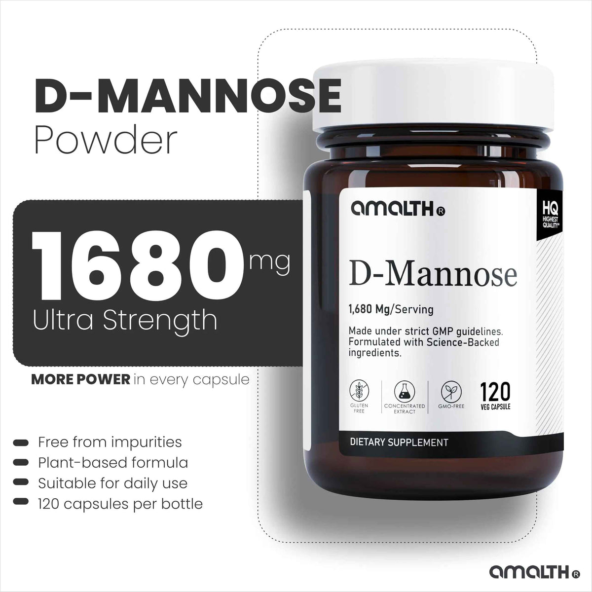 AMALTH D-Mannose Capsules 1680 mg per Serving, 120 Vegan Capsules, Pure Single Ingredient Mannose Supplement, Urinary Tract Support, UTI Wellness Support, Non GMO, Gluten Free