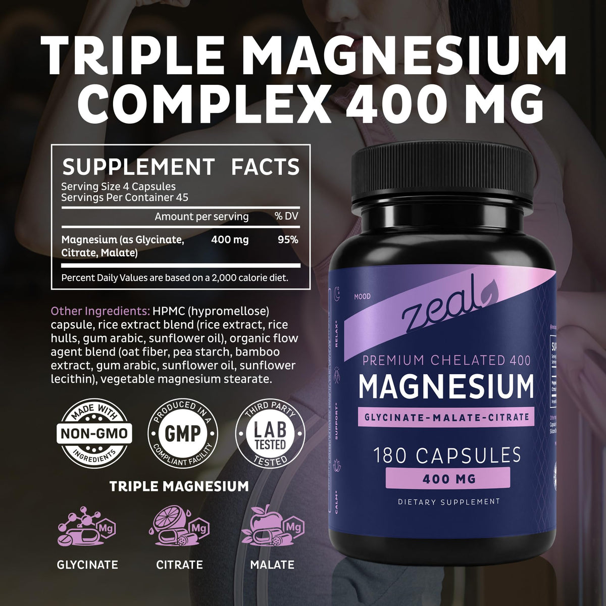 Zeal Naturals Triple Magnesium Complex Supplement - Glycinate, Malate, Citrate | 400mg, 180 Capsules | High Absorption Chelated Magnesium for Sleep, Mood, Muscle Recovery, Relaxation Zeal Naturals buy supplements Au